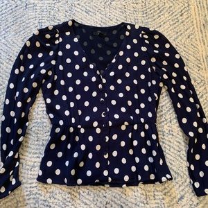 J Crew navy blue and cream polka dot top